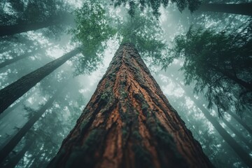 Poster - Looking up at a majestic tree trunk in a misty forest, surrounded by tall trees.