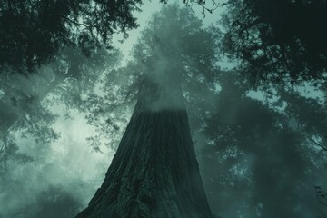 Poster - Enormous tree trunk dominates a misty, dark forest scene, viewed from below.