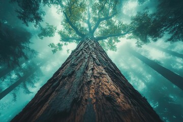 Poster - Enormous tree trunk viewed from below in a misty, mysterious forest, surrounded by tall trees.