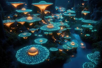 Poster - A mesmerizing digital art depicting a bioluminescent forest at night, filled with glowing, otherworldly fungi along a tranquil stream.