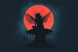 A fairy sitting on a mushroom under a red moon