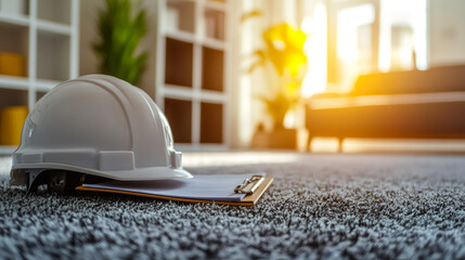 Poster - White safety helmet resting near clipboard on carpeted floor, indicating home improvement project or property evaluation