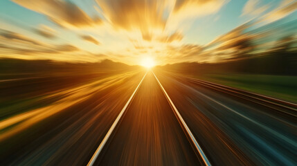 Poster - Fast train racing along the railway at sunset, capturing the vibrant colors of the sky while creating a dynamic motion blur effect