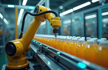 Poster - Automated robot arm works in modern bottle packaging assembly line. Conveyer transports many plastic bottles filled with orange juice. Factory automation machinery engineering, beverage production,