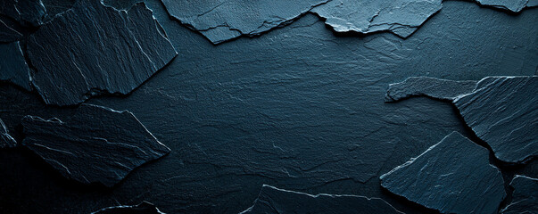 Poster - Textured dark slate background with irregular pieces creating layered effect. deep bluish black tones add depth and sophistication, perfect for various design applications