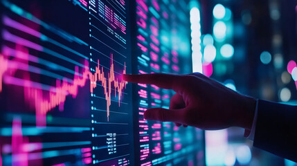 Poster - Financial analyst pointing at digital screen with market graphs, analyzing data in sleek, illuminated workspace