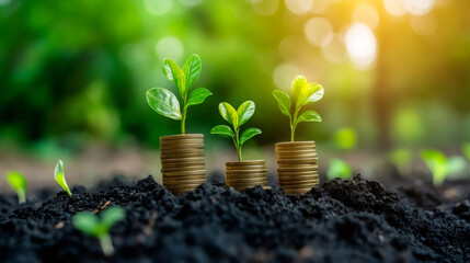 Poster - Tree growing on coin stacks in fertile soil with blurred green background and sunlight, depicting financial growth and investment