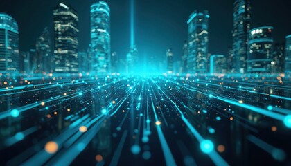 Leinwandbilder - Abstract tech cyber background with blurred futuristic city. Data transfer with glowing lines. Digital network connection concept. Virtual cyberspace matrix, binary code, web system, innovation,