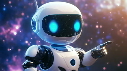 Aufkleber - Friendly white robot pointing with finger on a colorful space background, artificial intelligence concept