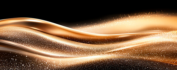 Poster - Elegant abstract waves of gold and bronze shimmer against black background, creating luxurious and dynamic visual effect. sparkling particles enhance sense of movement and richness