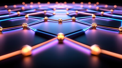 Poster - abstract 3d rendering of a network, featuring glowing orange and blue lines connecting golden sphere