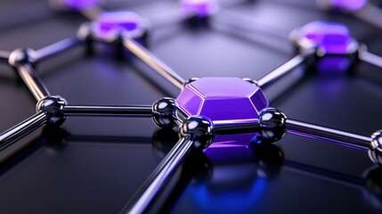 Poster - abstract 3d rendering of a network, featuring interconnected purple hexagonal nodes and metallic gra