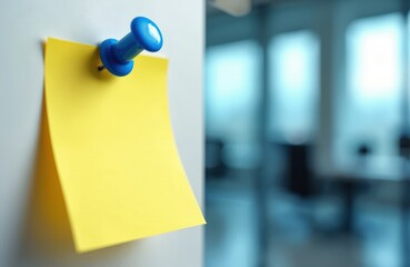 single yellow post-it note attached to wall with blue push pin as simple practical message quick rem