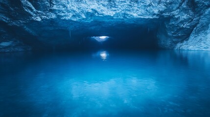 Poster - A stunning image of an ancient glacier featuring glowing ice caves in deep blue hues.