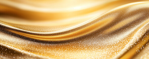 Poster - Shimmering golden fabric with smooth waves and sparkling texture creates elegant and luxurious atmosphere. Perfect for backgrounds and design projects