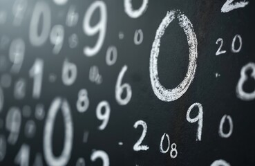 Leinwandbilder - Blackboard with randomly scattered white numbers. Math concept. Texture background with blurred digits for decoration, creative design, wallpaper for school, business data and financial reports.