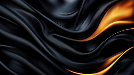 Poster - Sleek black and orange fabric waves create dynamic, elegant texture. interplay of colors adds depth and sophistication, perfect for backgrounds or design elements