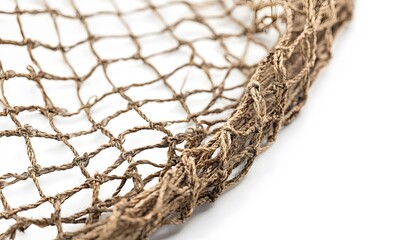 Rustic fishing net shows detailed woven pattern against white background
