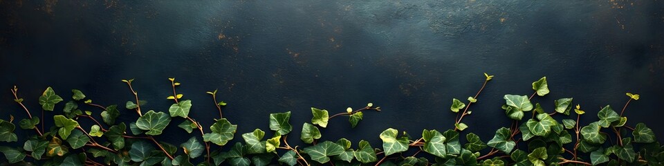 Wall Mural - Fresh green ivy leaves climbing on dark dramatic background with copy space. Natural border design element for garden, nature and botanical themes. Creeping plant pattern