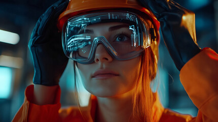 Aufkleber - Female industrial worker adjusting augmented reality glasses and protective helmet in futuristic heavy industry factory