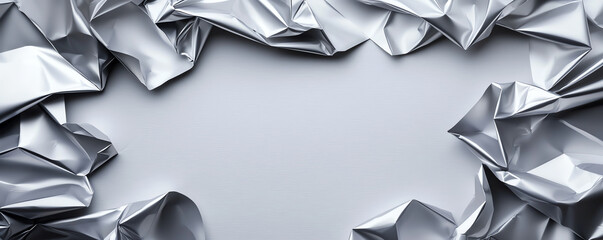 Poster - Crumpled silver aluminum foil texture creates shiny, reflective surface, perfect for backgrounds or artistic projects. intricate folds add depth and interest
