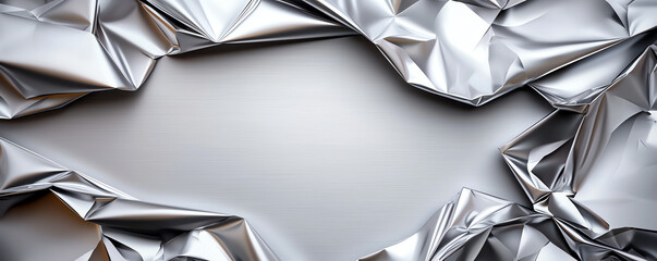 Poster - Crumpled silver aluminum foil texture with shiny chrome finish creates modern and sleek background. intricate folds add depth and interest to design