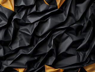 Poster - Crumpled black and gold textured paper creates striking visual contrast, perfect for backgrounds or artistic projects. interplay of colors adds depth and interest
