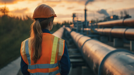 Aufkleber - Woman engineer wearing a safety vest and helmet, inspecting a pipeline during a stunning sunset, highlighting her role in the energy industry
