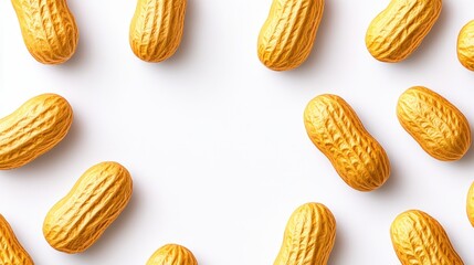 Poster - Golden peanuts arranged in a frame on a white background. A flat lay image with a simple, clean aesthetic. Perfect for food blogs, recipe websites