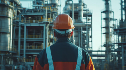 Poster - Engineer wearing bright orange hardhat, monitoring safety protocols at industrial petrochemical facility