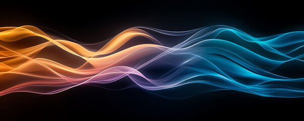 Poster - Vibrant waves of orange, pink, and blue flow gracefully against dark background, creating dynamic and abstract visual effect