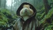 © O - Cute rabbit wearing jacket in rainy forest with lush greenery. Easter, Pascha, Paskha, Ostern, Pascua, Paques - Orthodox and Catholic Holiday celebration