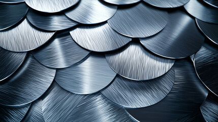 Poster - Sleek brushed silver metal scales create modern, textured surface. circular design showcases unique pattern, reflecting light beautifully and adding depth