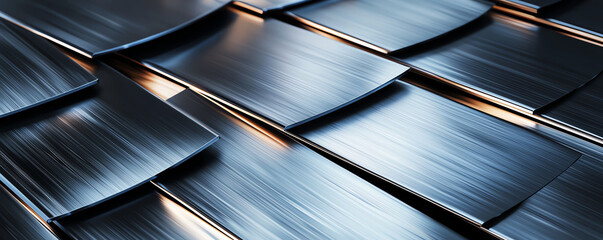 Poster - Shiny stainless steel tiles with brushed finish create modern, sleek surface. reflective quality enhances aesthetic appeal, making it suitable for contemporary designs