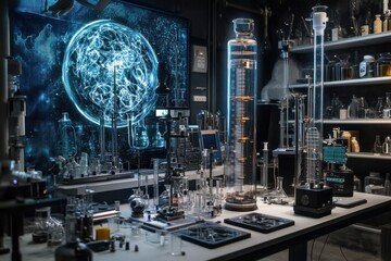Poster - Scientific laboratory with advanced equipment and glowing digital display
