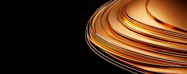 Poster - Shiny copper and gold metal texture with smooth, curved layers on dark background, creating modern and elegant visual effect