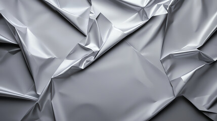 Poster - Crumpled silver aluminum foil texture with shiny, reflective surface, creating abstract and modern look. Ideal for backgrounds or artistic projects