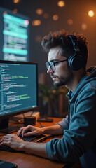 Poster - Focused developer works on code. Programmer in glasses with headphones typing on keyboard. Software engineer coding new project. IT specialist creating program. Digital technology cyberspace concept.