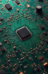 Poster - Top view shows detailed green circuit board, electronic components, copper traces. Tech hardware background for motherboard engineering, computing, electrical, semiconductor industries. Digital