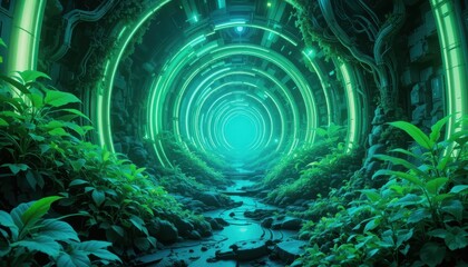 Poster - Ethereal Green Tunnel Surrounded by Lush Foliage and Rocks