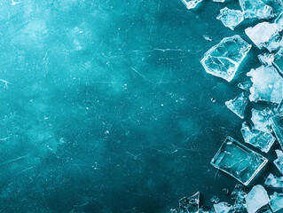 Poster - Shattered ice pieces on frosted glass surface create cool, abstract texture. cyan background enhances icy effect, evoking sense of freshness and clarity