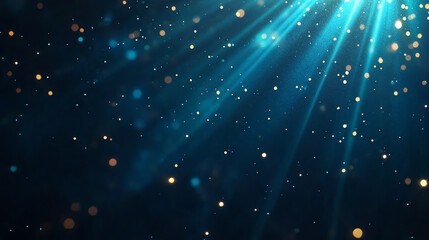 Poster - Bright blue rays of light shine through dark background, creating magical atmosphere with shimmering particles. scene evokes sense of wonder and tranquility