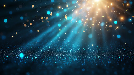 Poster - Bright beams of light shine through sparkling blue background, creating magical atmosphere filled with shimmering particles. scene evokes sense of wonder and tranquility