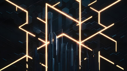 Poster - Technological Cityscape: A futuristic cityscape is interwoven with glowing neon lines, portraying a vision of innovation, digital connectivity, and urban progress.