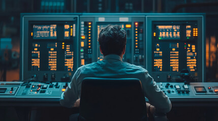 Poster - Industrial engineer monitoring and controlling production process in factory control room with computer screens and control panel