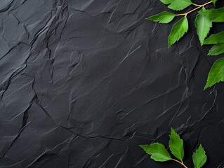 Poster - Fresh green leaves on textured black paper background, creating natural and elegant contrast. Perfect for eco friendly designs or botanical themes