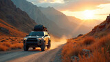 Off-road car with camping gear on roof drives on dirt road against mountain backdrop, golden sunlight. Desert landscape expedition, extreme tourism adventure. 4x4 suv vehicle.