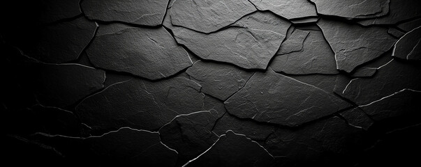 Poster - Cracked black stone surface with textured, abstract appearance. dark tones create dramatic and moody atmosphere, perfect for backgrounds or artistic projects