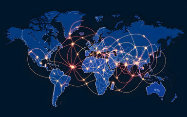 Poster - Global Network: This image showcases the world map overlaid with interconnected lines and glowing nodes, symbolizing the flow of information and communication across the globe.