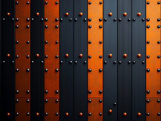 Poster - Textured wall with black and orange panels, featuring decorative studs and modern design. combination of colors creates striking visual appeal